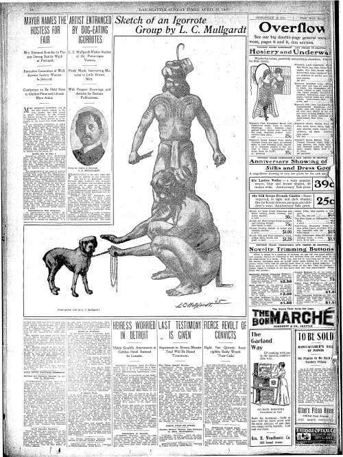 Sketch of two Igorrote men and a dog from the Seattle Sunday Times, April 30, 1905